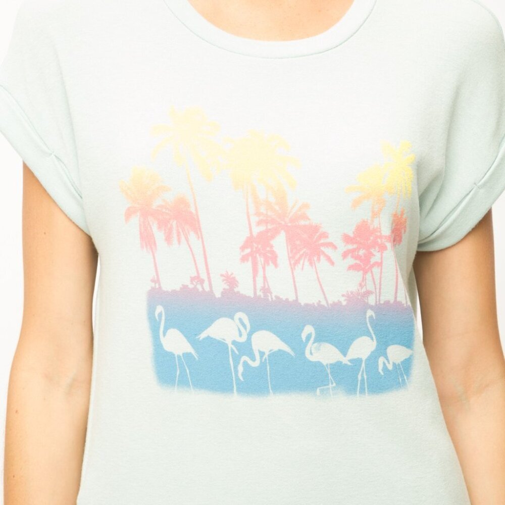 MYSTREE Mint Green Flamingo Graphic Tee, Tropical Palm Tree T-Shirt - Picture 5 of 5